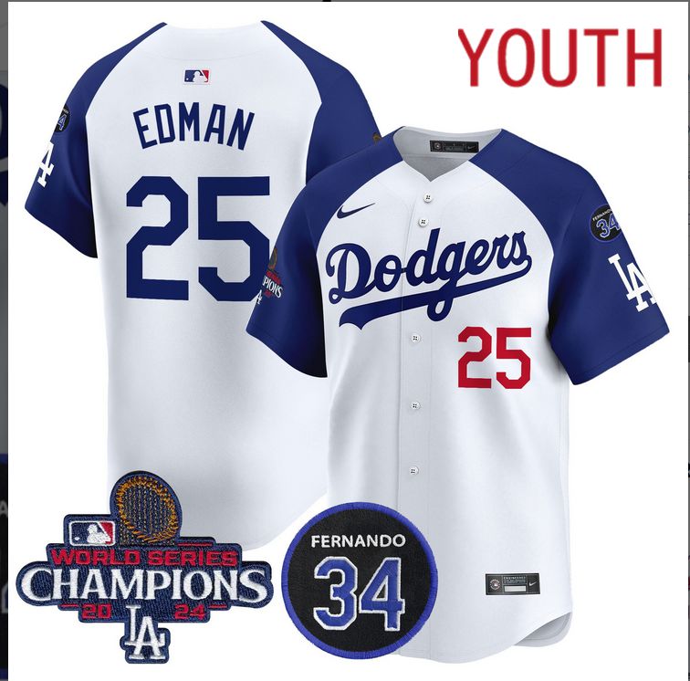 Youth MLB Los Angeles Dodgers #25 Edman white 2024 World Series Champions Patch Limited Jersey style 2